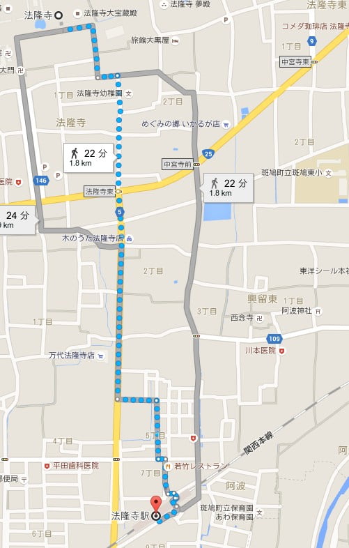 JR法隆寺駅から法隆寺ま徒歩で行く場合の所要時間と距離